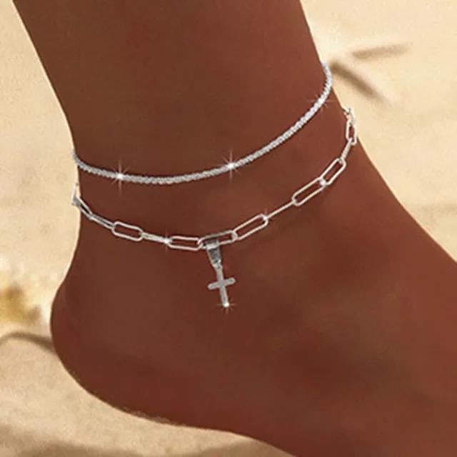 Funkelnde dünne Kette Fußkettchen für Frauen Zirkon Herz Kreuz Anhänger Doppelschicht Armband am Bein Fuß Trendy Sommer Strand Schmuck von Joom DACH