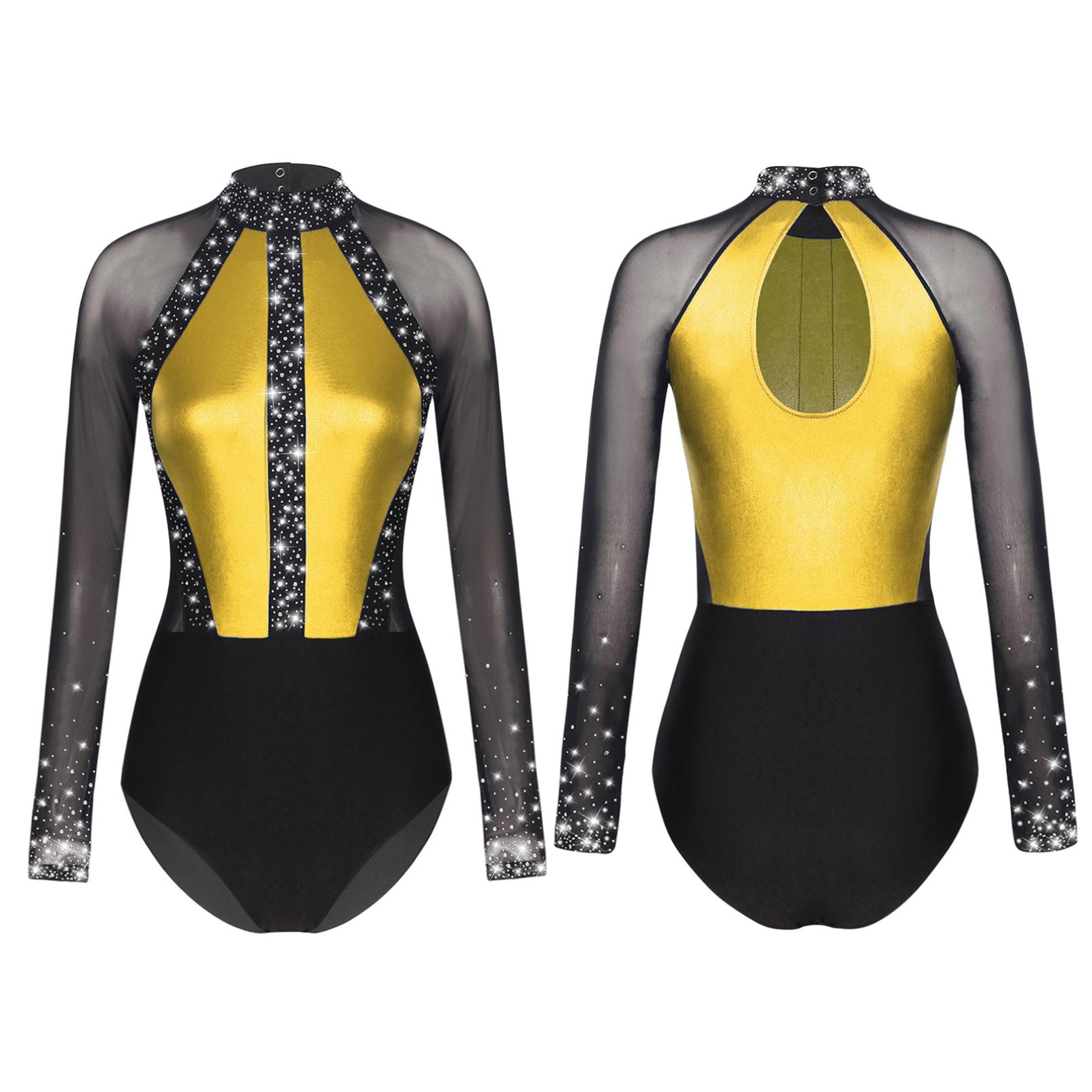Funkelnder Damen-Trikot mit Strasssteinen, Schlüsselloch-Rücken, durchsichtiger Netz-Langarm-Body für Gymnastik, Tanz, Eiskunstlauf L gold von Joom DACH