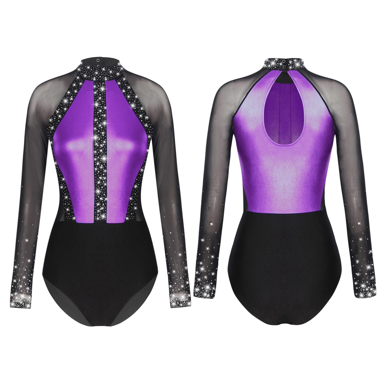 Funkelnder Damen-Trikot mit Strasssteinen, Schlüsselloch-Rücken, durchsichtiger Netz-Langarm-Body für Gymnastik, Tanz, Eiskunstlauf M violett von Joom DACH