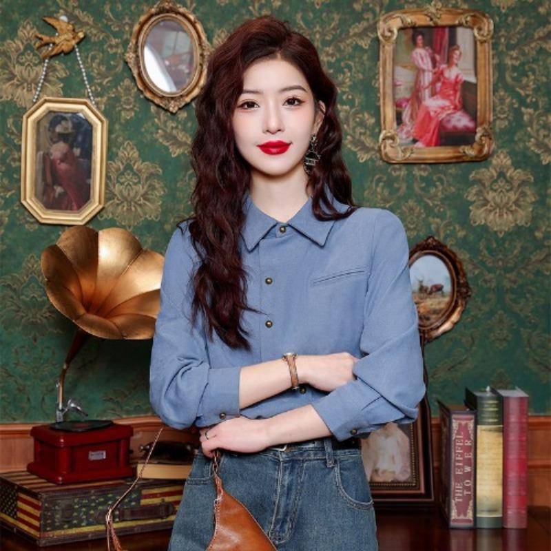 Furted Hemd für Damen im Herbst Neues altersreduzierendes Langarm-Oberteil für Damen-Poloshirt 2XL blau von Joom DACH