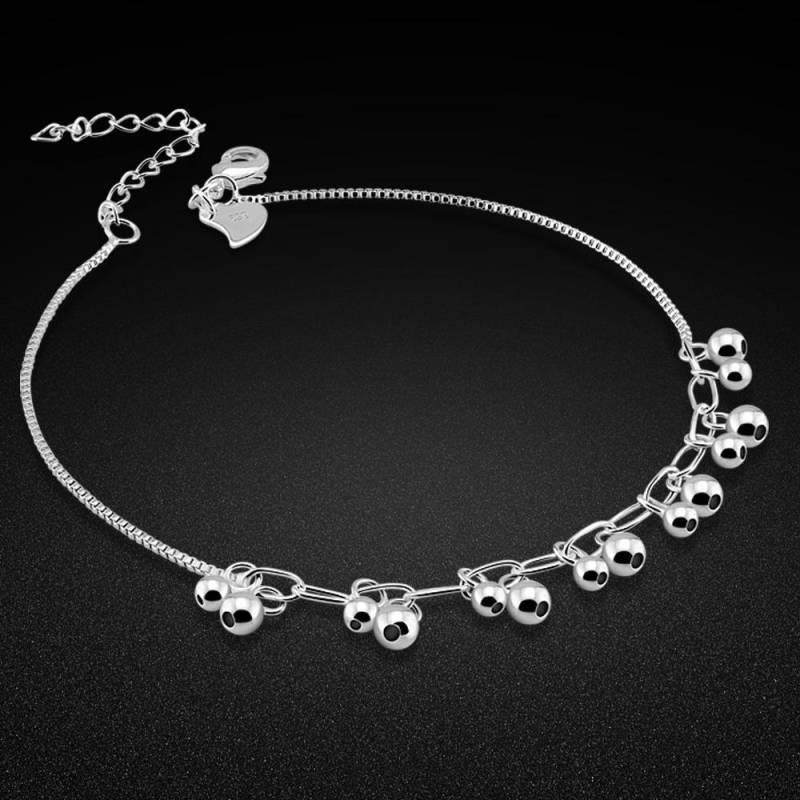 Fußkettchen aus 925er Sterlingsilber für Damen, Perlen-Anhänger-Design, für den Sommer, Silberschmuck für den weiblichen Fuß, nicht allergisch, 27 cm, massive Silberketten 27CM von Joom DACH