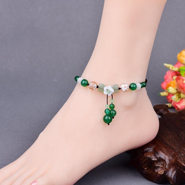 Fußkettchen mit natürlichem Muschelblumen-Anhänger aus grünem Onyx, verstellbare Größe, frischer Sommer, Ozean, Strand, Urlaub, Tourismus, Schmuck, Geschenke 19cm~29cm von Joom DACH