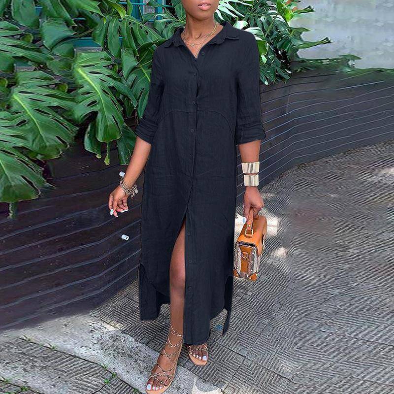 GMXIA Baumwollleinenkleid, langer Rock mit Hemdkragen und Knopf XXXXXL dunkelblaue von Joom DACH