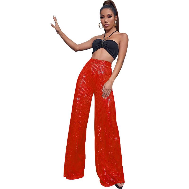 GMXIA Damen High-Waist Mode Casual Hose Pailletten Locker Baggy Weitbein Hose Sommer Damen XXXXXL rot von Joom DACH