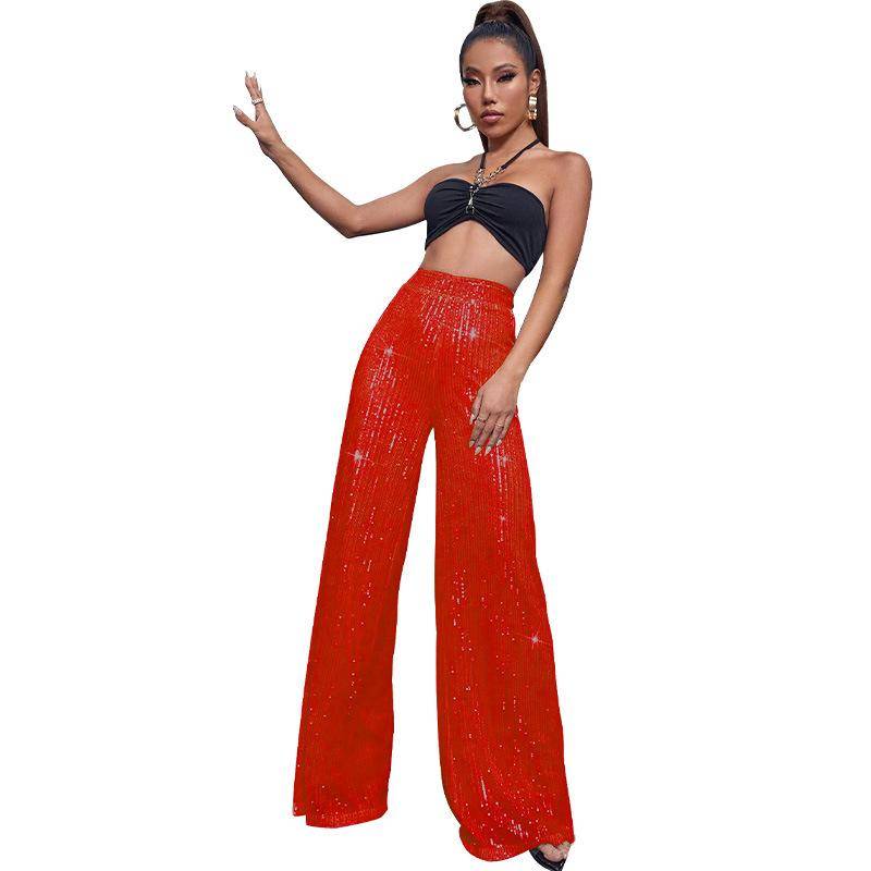 GMXIA Damen High-Waist Mode Casual Hose Pailletten Locker Baggy Weitbein Hose Sommer Damen XXXXXL rot von Joom DACH