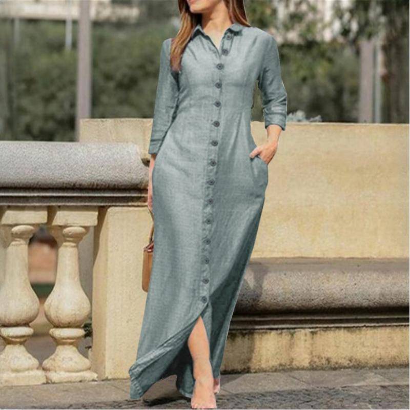 GMXIA Damen Temperament Elegant Mode Unisex Stil Langarm POLO Kragen Strickjacke Einfarbig Langes Baumwollleinenkleid XXL grau von Joom DACH