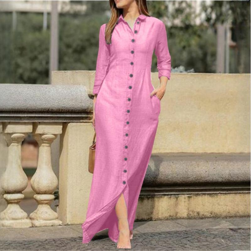 GMXIA Damen Temperament Elegant Mode Unisex Stil Langarm POLO Kragen Strickjacke Einfarbig Langes Baumwollleinenkleid XXXL rosa von Joom DACH