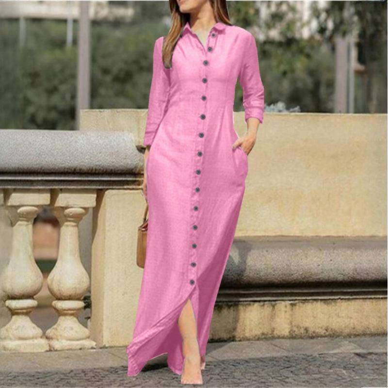 GMXIA Damen Temperament Elegant Mode Unisex Stil Langarm POLO Kragen Strickjacke Einfarbig Langes Baumwollleinenkleid XXXL rosa von Joom DACH