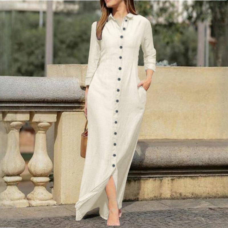 GMXIA Damen Temperament Elegant Mode Unisex Stil Langarm POLO Kragen Strickjacke Einfarbig Langes Baumwollleinenkleid XXXL weiß von Joom DACH