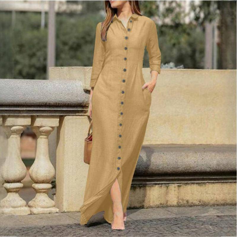 GMXIA Damen Temperament Elegant Mode Unisex Stil Langarm POLO Kragen Strickjacke Einfarbig Langes Baumwollleinenkleid XXXXL khaki von Joom DACH