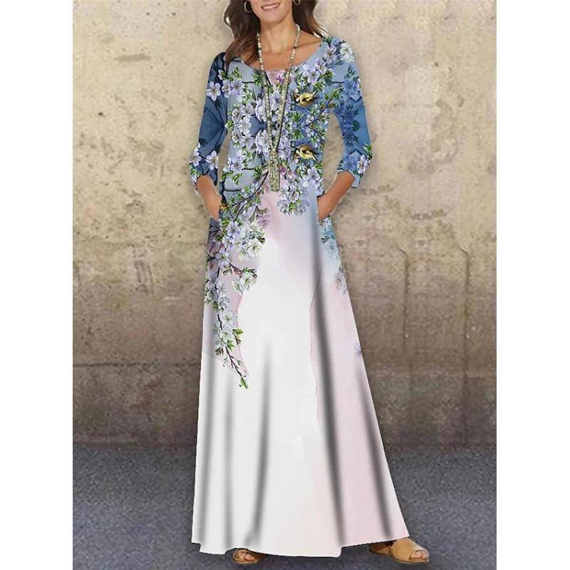 GMXIA Frühling Herbst Rundhals Gestrickt Langarm Langes Kleid Blume 3D-Druck Sommer Lässig Damen Übergröße L von Joom DACH