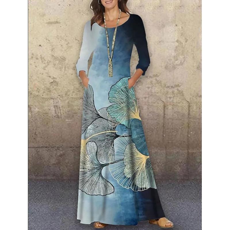 GMXIA Frühling Herbst Rundhals Gestrickt Langarm Langes Kleid Blume 3D-Druck Sommer Lässig Damen Übergröße XL von Joom DACH
