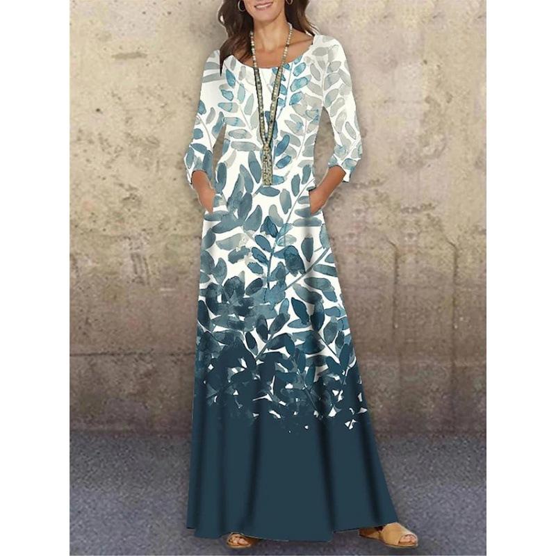 GMXIA Frühling Herbst Rundhals Gestrickt Langarm Langes Kleid Blume 3D-Druck Sommer Lässig Damen Übergröße XXXL von Joom DACH