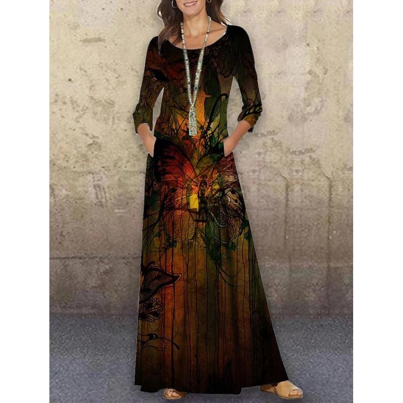 GMXIA Frühling Herbst Rundhals Gestrickt Langarm Langes Kleid Blume 3D-Druck Sommer Lässig Damen Übergröße XXXL von Joom DACH