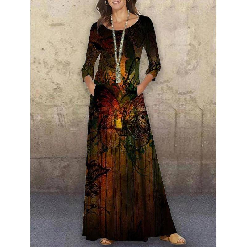 GMXIA Frühling Herbst Rundhals Gestrickt Langarm Langes Kleid Blume 3D-Druck Sommer Lässig Damen Übergröße XXXL von Joom DACH
