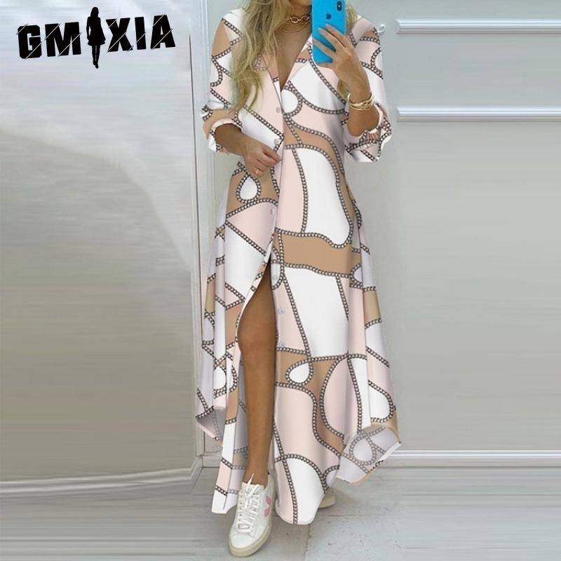 GMXIA Frühlings-Damen-Temperament-bedrucktes einreihiges geteiltes Hemdkleid Langes Kleid XXL von Joom DACH