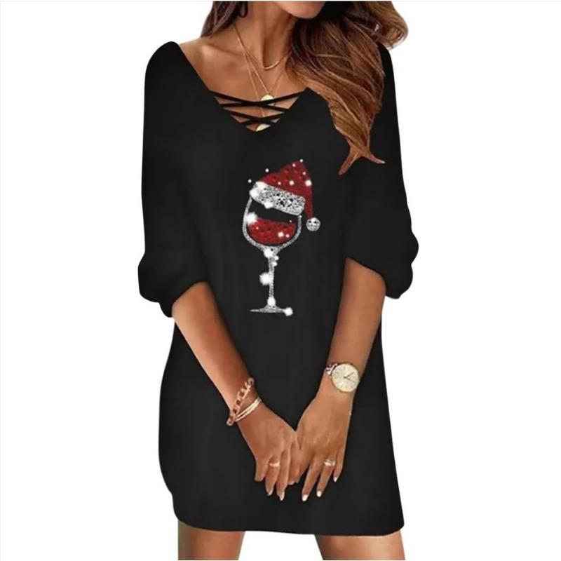 GMXIA Herbst Damen Weihnachten Weinglas Print Pullover Langarm Kleid XL schwarz von Joom DACH