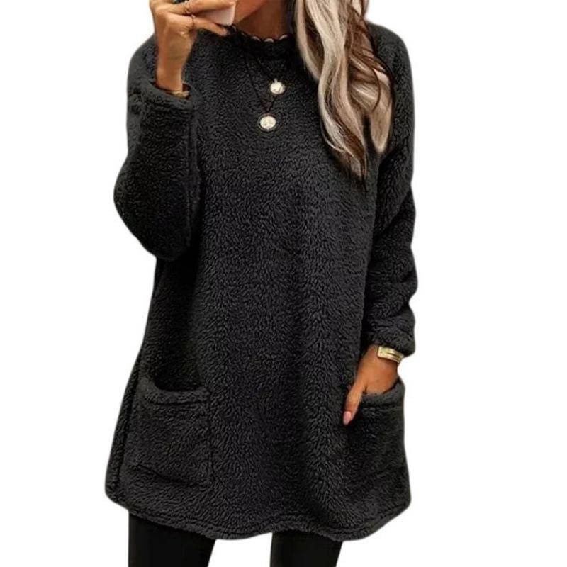 GMXIA Herbst Winter Einfarbig Druck O-Ausschnitt Damen Langarm Tasche Plüsch Hoodie T-Shirt Top XXXXXL schwarz von Joom DACH
