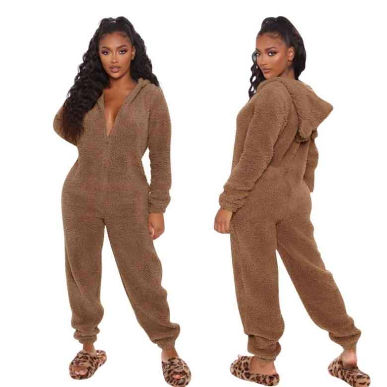 GMXIA Herbst- und Winter-Fleece- und verdickte Woll-Jumpsuits, Kapuzen-Pyjamas und Damen-Pyjamas L braun von Joom DACH