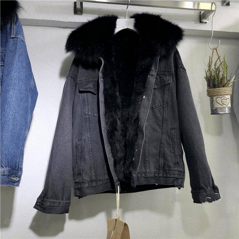 GMXIA Kaschmir Dicker Jeansmantel Damen Winter Locker Kurzer Kragen Aus Imitation Kaninchenhaar Mit Baumwollpolsterung Damenmode Jacken & Mäntel XXL schwarz von Joom DACH