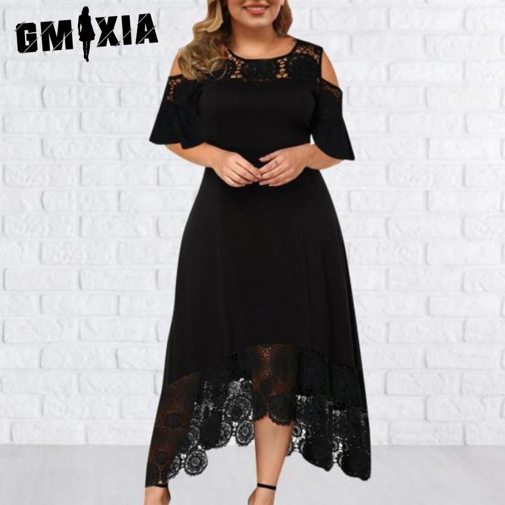 GMXIA Stickerei Spitze Patchwork Übergröße Damen Kleid Ausgestellt Kurze Ärmel Kalte Schulter Hohe Taille L schwarz von Joom DACH