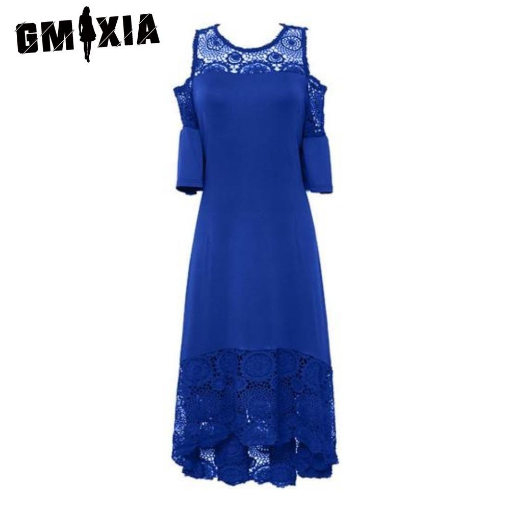GMXIA Stickerei Spitze Patchwork Übergröße Damen Kleid Ausgestellt Kurze Ärmel Kalte Schulter Hohe Taille XL blau von Joom DACH