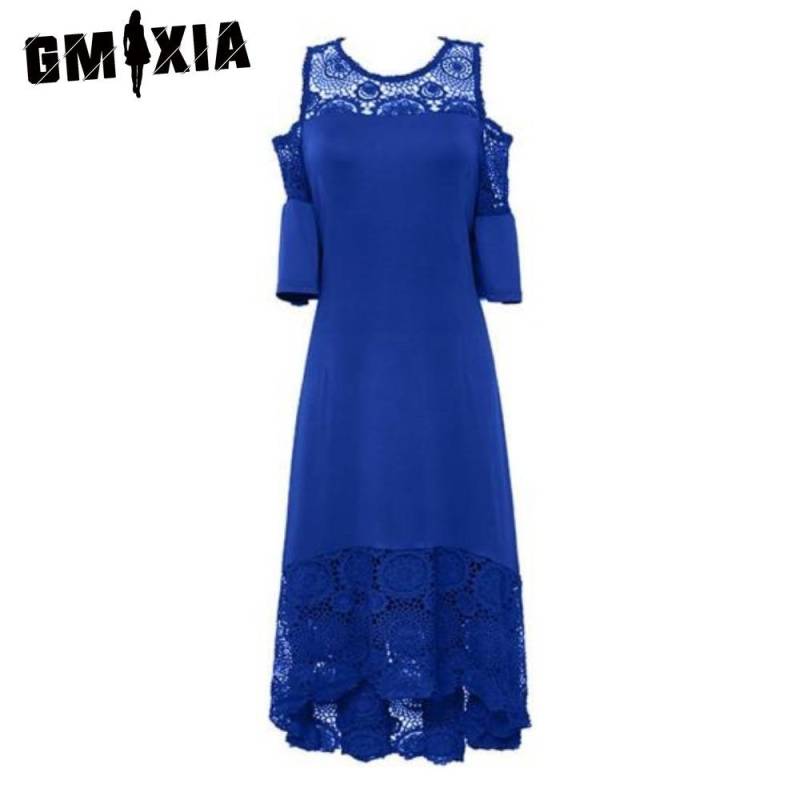 GMXIA Stickerei Spitze Patchwork Übergröße Damen Kleid Ausgestellt Kurze Ärmel Kalte Schulter Hohe Taille XL blau von Joom DACH