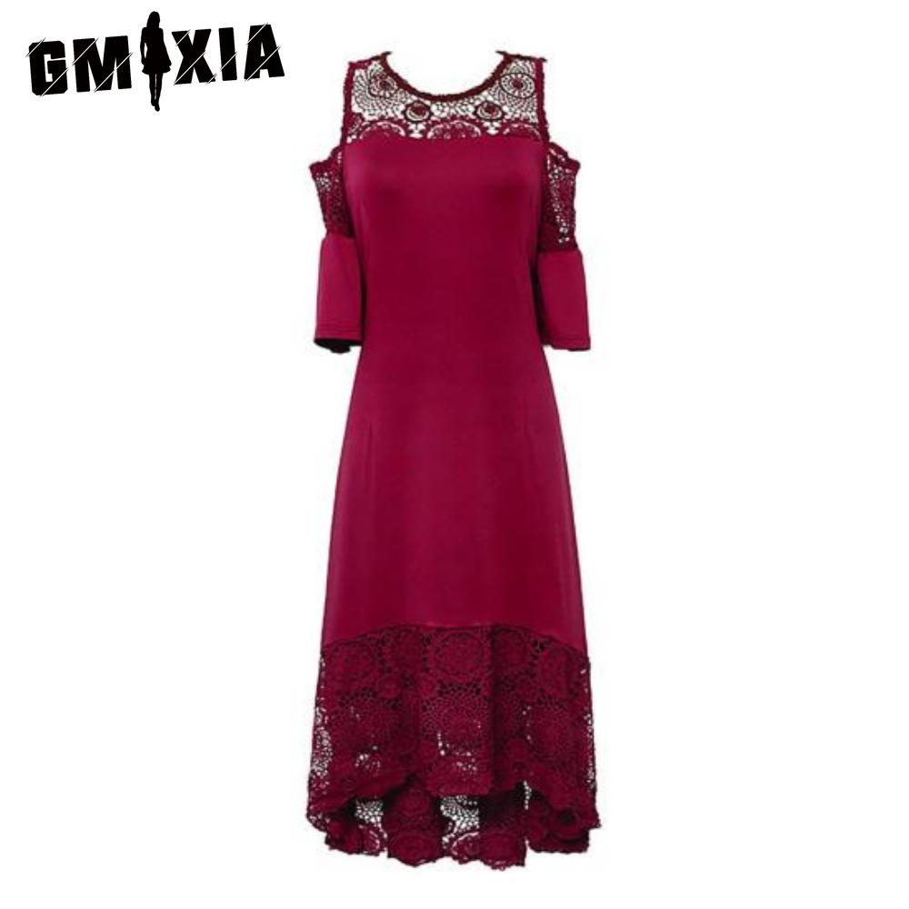 GMXIA Stickerei Spitze Patchwork Übergröße Damen Kleid Ausgestellt Kurze Ärmel Kalte Schulter Hohe Taille XXXXXL rot von Joom DACH