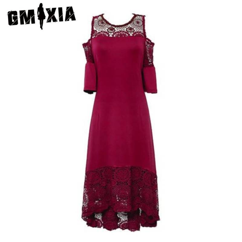 GMXIA Stickerei Spitze Patchwork Übergröße Damen Kleid Ausgestellt Kurze Ärmel Kalte Schulter Hohe Taille XXXXXL rot von Joom DACH