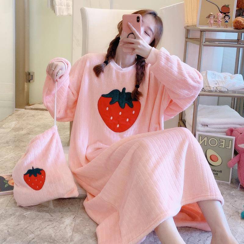 GMXIA Winter Flanell Pyjamas sind lässig, locker, bequem und niedlich Cartoon Korallenvlies langes Kleid Pyjamas für Damen XXL von Joom DACH