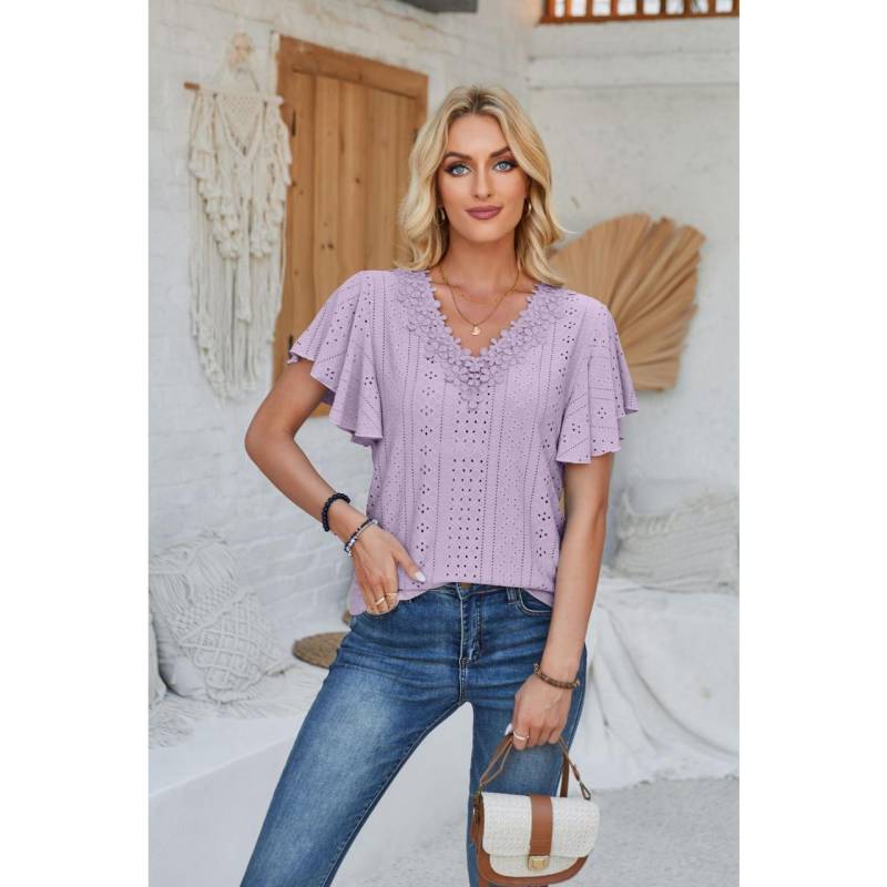 GMXIA Damen Frühling Sommer Spitze V-Ausschnitt Lotusärmel Einfarbig Locker T-Shirt XXL violett von Joom DACH