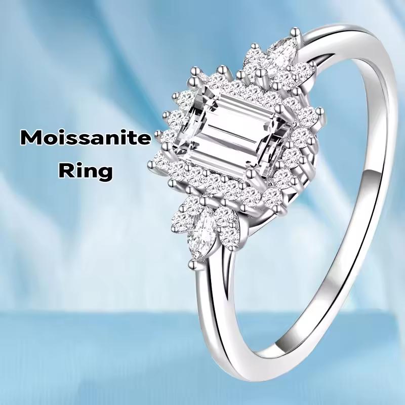 GRA-zertifizierter Moissanit-Ring aus 925er Sterlingsilber, Smaragdschliff, Edelstein, Blumen-Verlobungs- und Ehering 6 von Joom DACH
