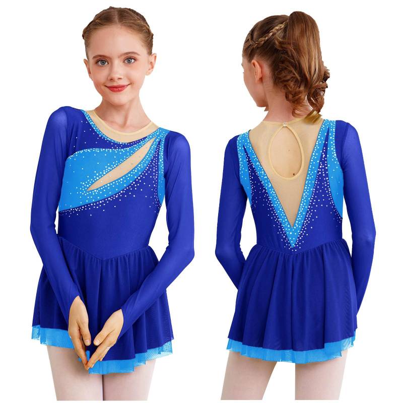 Ganzanzug für Kinder, Mädchen, glitzernd, mit Strasssteinen, langärmelig, Schlüsselloch-Rücken-Overall für Eiskunstlauf, Akrobatik, Gymnastik 9-10 Years königsblau von Joom DACH