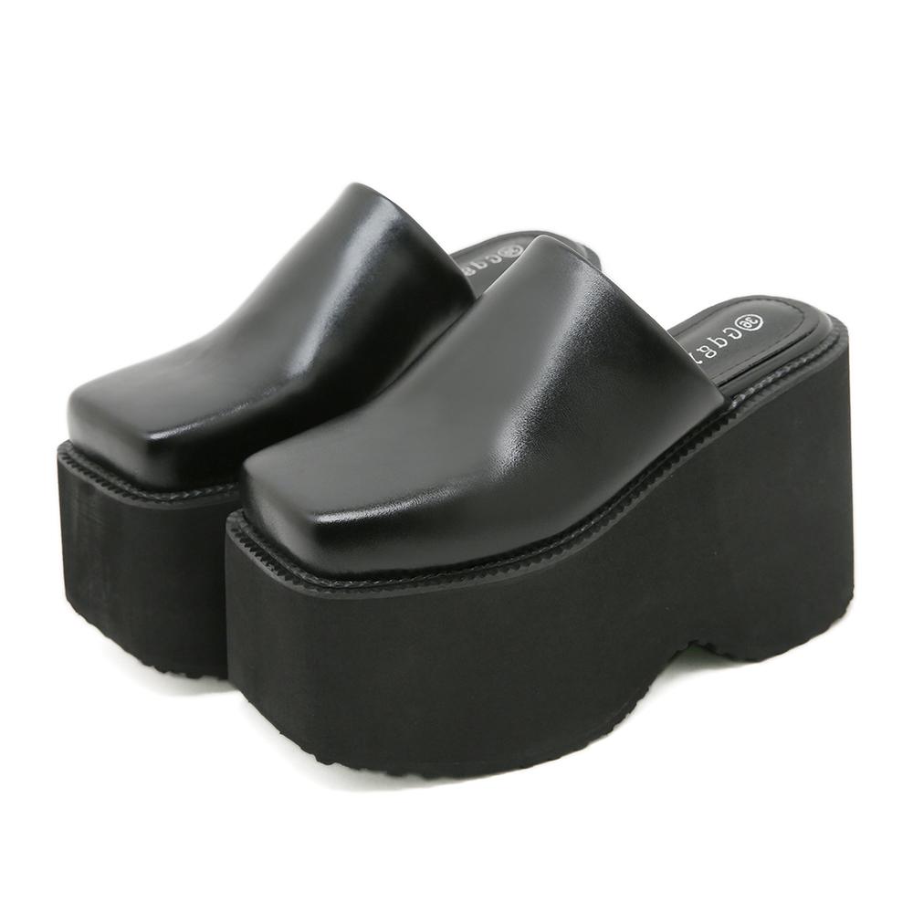 Gdgydh Mode Eckige Zehenpartie Plateau Mules Schwarz PU Slipper Loafers Dicke Absätze Bequemes Sommer-Schuhwerk für Damen Hausschuhe 36 schwarz von Joom DACH