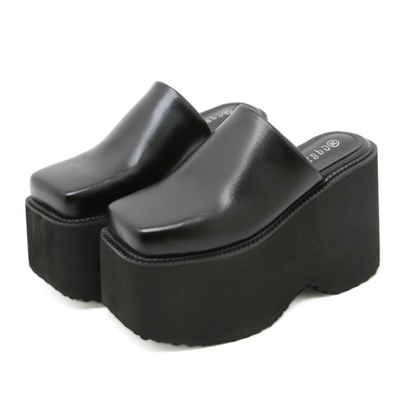 Gdgydh Mode Eckige Zehenpartie Plateau Mules Schwarz PU Slipper Loafers Dicke Absätze Bequemes Sommer-Schuhwerk für Damen Hausschuhe 36 schwarz von Joom DACH