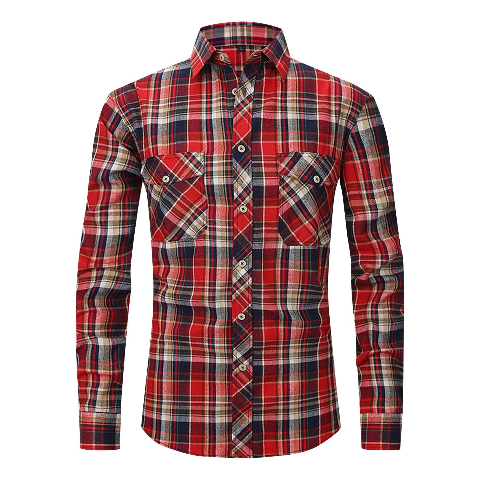 Gebürstetes kariertes Hemd, langärmeliges Herren-Flanellhemd mit zwei Taschen XL beige von Joom DACH