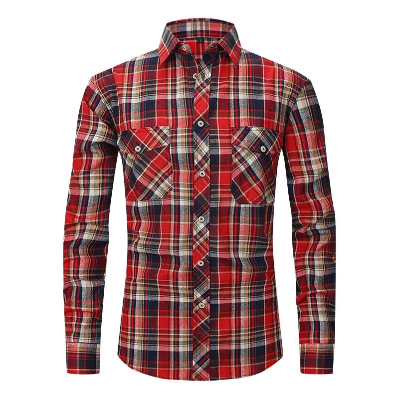 Gebürstetes kariertes Hemd, langärmeliges Herren-Flanellhemd mit zwei Taschen XL beige von Joom DACH