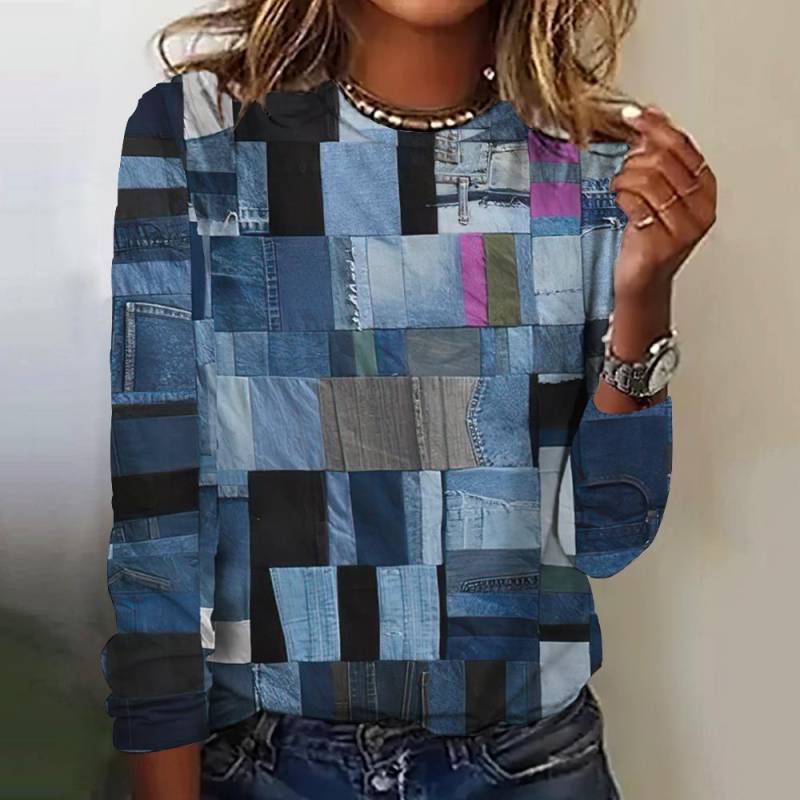 Gefälschte Cowboys Splicing Print Langarm T-shirts 2024 Mode frauen T-shirt Tops Herbst Trend Frauen Kleidung Pullover L von Joom DACH