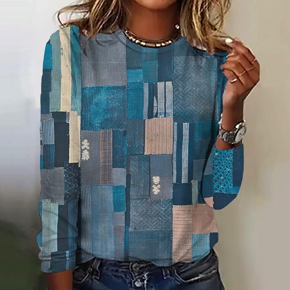 Gefälschte Cowboys Splicing Print Langarm T-shirts 2024 Mode frauen T-shirt Tops Herbst Trend Frauen Kleidung Pullover XL von Joom DACH