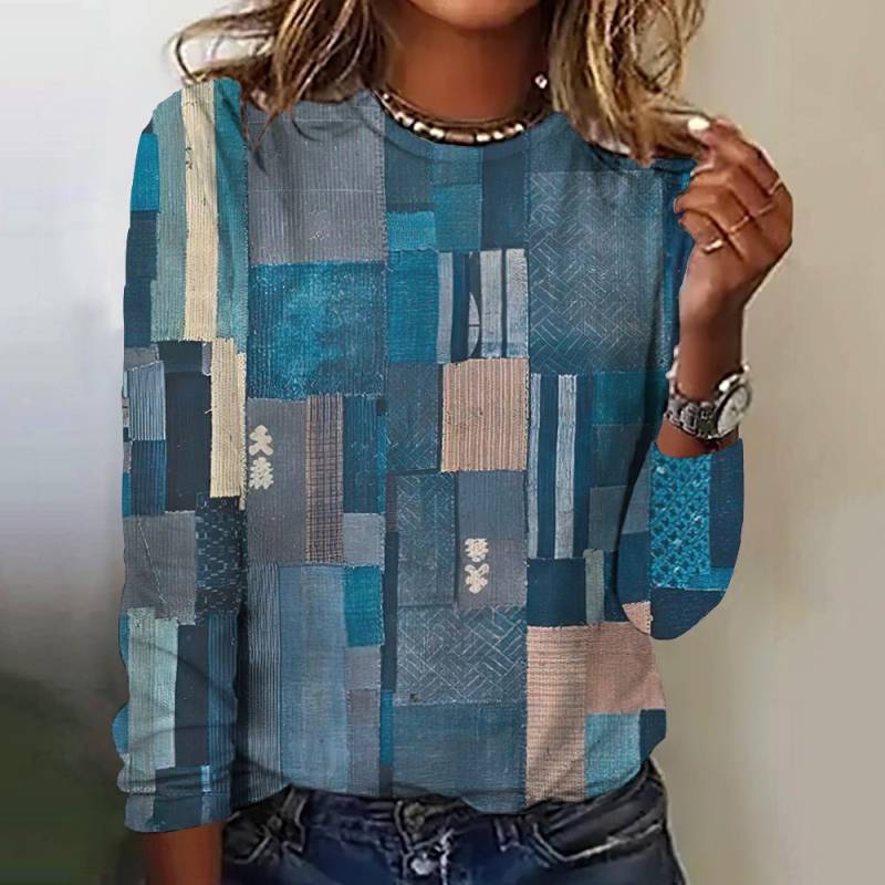 Gefälschte Cowboys Splicing Print Langarm T-shirts 2024 Mode frauen T-shirt Tops Herbst Trend Frauen Kleidung Pullover XL von Joom DACH