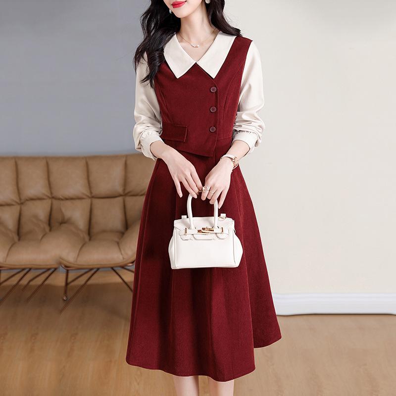 Gefälschte dreiteilige Kleid Damen Herbst und Winter Retro Langarm Shirt Revers Rock Design Sinn 2XL von Joom DACH