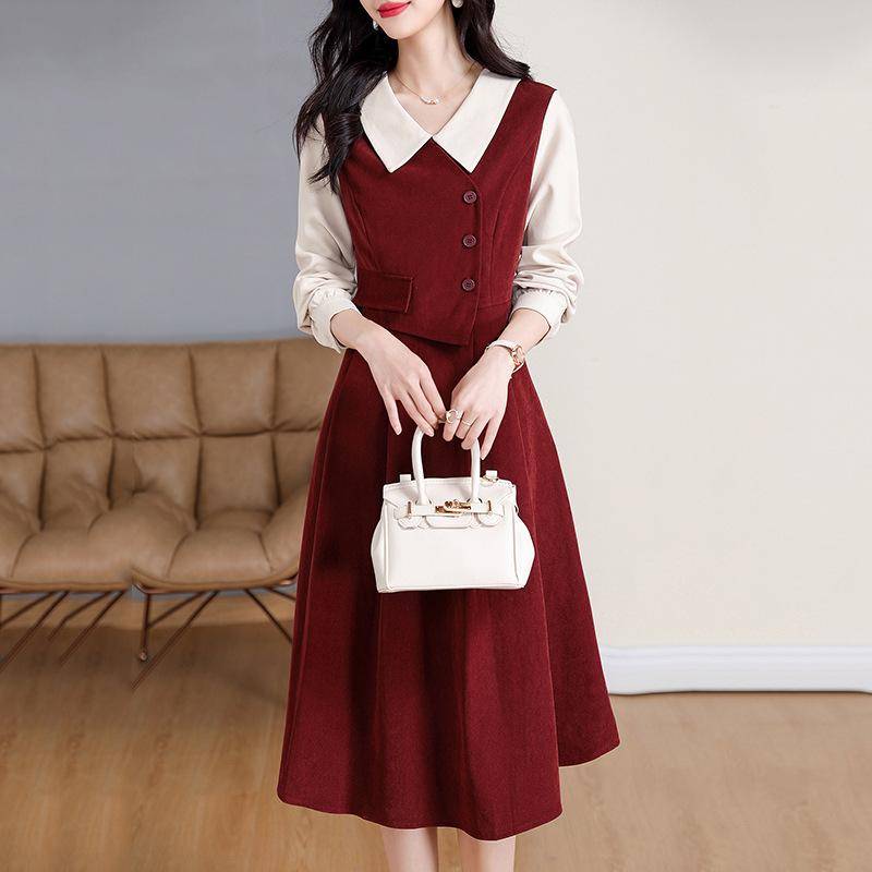 Gefälschte dreiteilige Kleid Damen Herbst und Winter Retro Langarm Shirt Revers Rock Design Sinn 2XL von Joom DACH