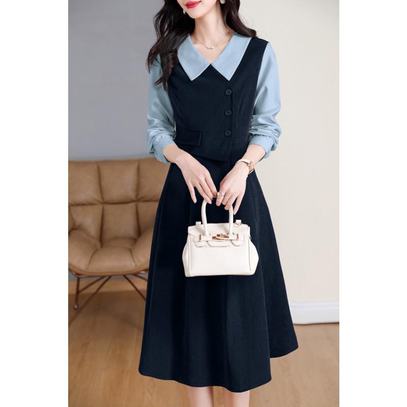 Gefälschte dreiteilige Kleid Damen Herbst und Winter Retro Langarm Shirt Revers Rock Design Sinn XL von Joom DACH