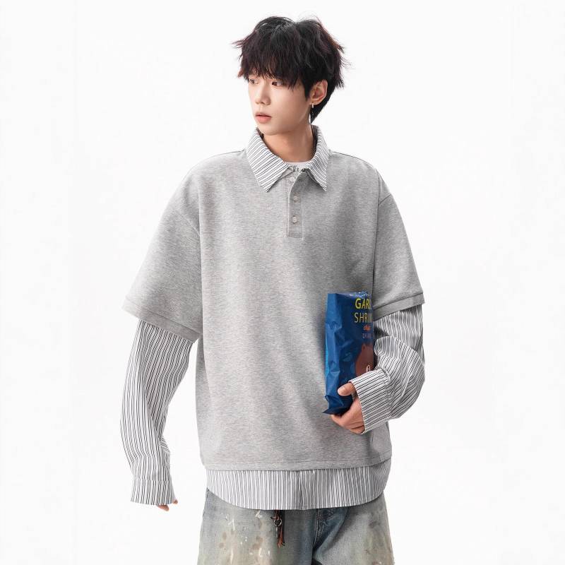 Gefälschtes zweiteiliges gestreiftes Polo-Shirt Pullover Herren Herbst locker vielseitig Revers-Oberteil M von Joom DACH