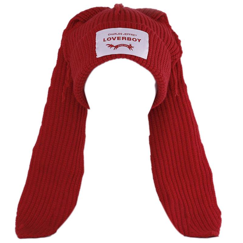 Gehäkelte Strickmütze Skullies Beanie Langohrmütze Niedliche Häschenmütze Hasenohrenmütze Damen Herbst Winter Warm Lustige Mütze rot von Joom DACH
