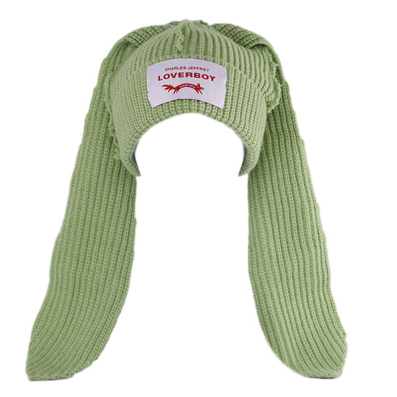 Gehäkelte Strickmütze Skullies Beanie Langohrmütze Niedliche Häschenmütze Hasenohrenmütze Damen Herbst Winter Warm Lustige Mütze hellgrüne von Joom DACH