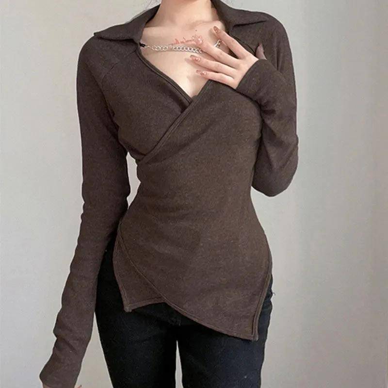 Gekreuztes Unregelmäßiges Braunes Langarm-T-Shirt Damen Reverskette Vintage Hemd XL braun von Joom DACH