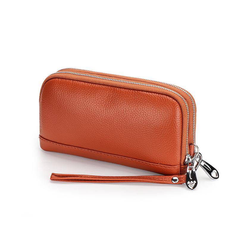 Geldbörsen für Damen aus echtem Leder, erste Schicht aus Rindsleder, Clutch, hohe Kapazität, lange Geldbörse, doppellagige Reißverschluss-Handy-Clutch braun von Joom DACH