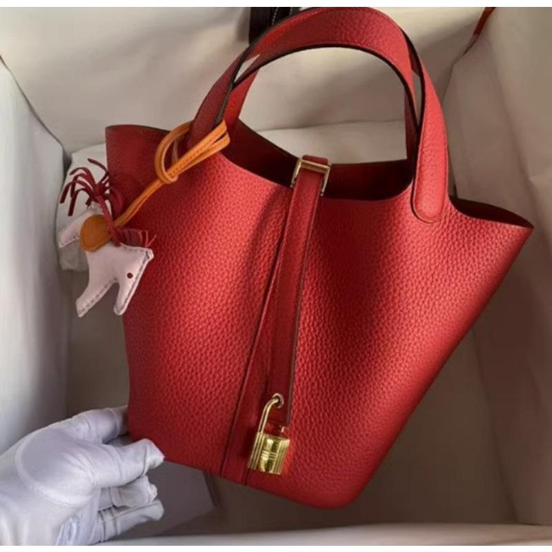 Gemüsekorb Handtasche, Alles Handgefertigt Leder Oberste Schicht Leder, Vielseitige Bucket Bag für Damen 18cm silver buckle von Joom DACH