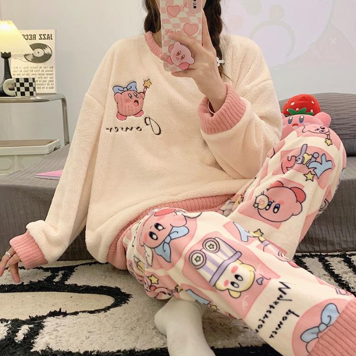 Gemütlicher Flanell-Pyjama mit japanischem Cartoon-Motiv für Damen – Herbst/Winter, Rundhalsausschnitt, Langarm-Homewear-Set M von Joom DACH